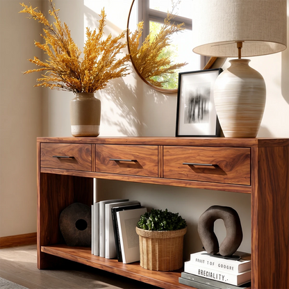 Minimalist sideboard with open lower storage and clean lined drawer organization