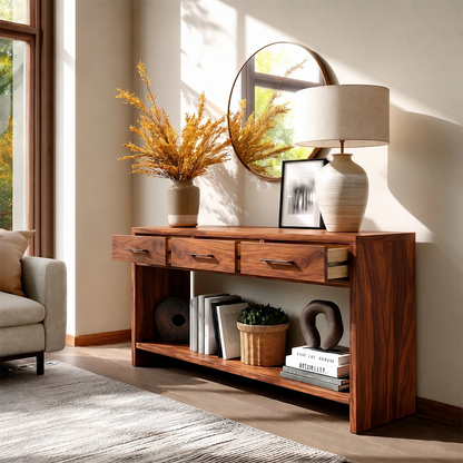 Elegant storage console with practical shelving and refined modern drawer detailing