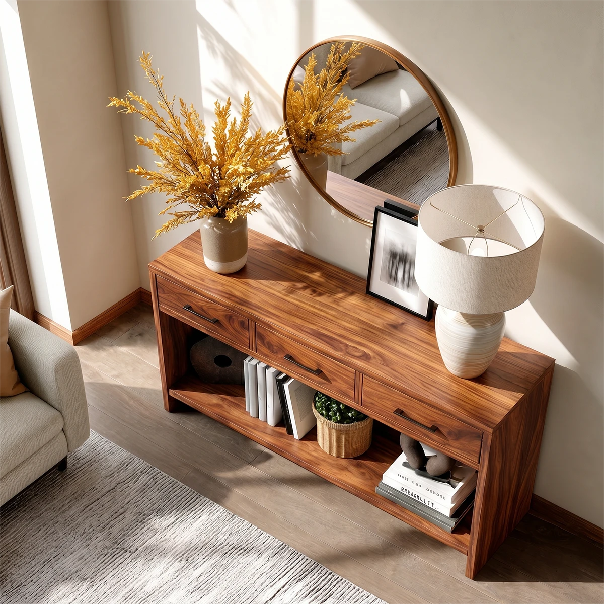 Contemporary credenza cabinet with open display shelf and streamlined drawer storage
