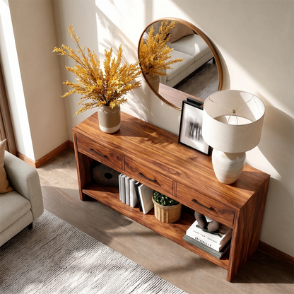 Contemporary credenza cabinet with open display shelf and streamlined drawer storage