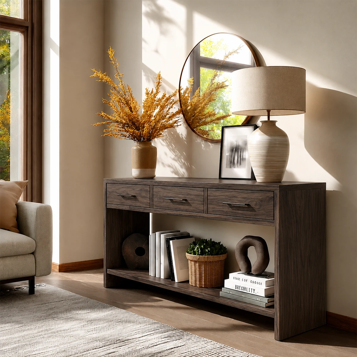 Stylish sideboard table featuring minimalist open storage and spacious top drawers