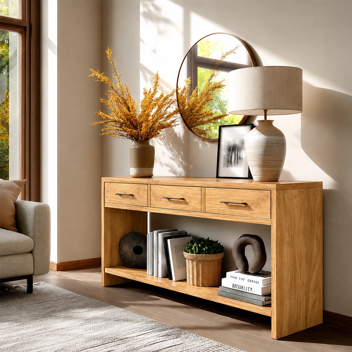 Modern buffet sideboard with clean architectural lines and functional shelf storage