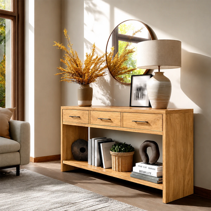Modern buffet sideboard with clean architectural lines and functional shelf storage