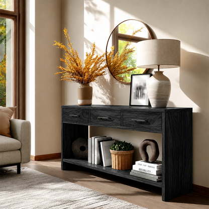 Refined console cabinet with integrated drawers and spacious open display compartments