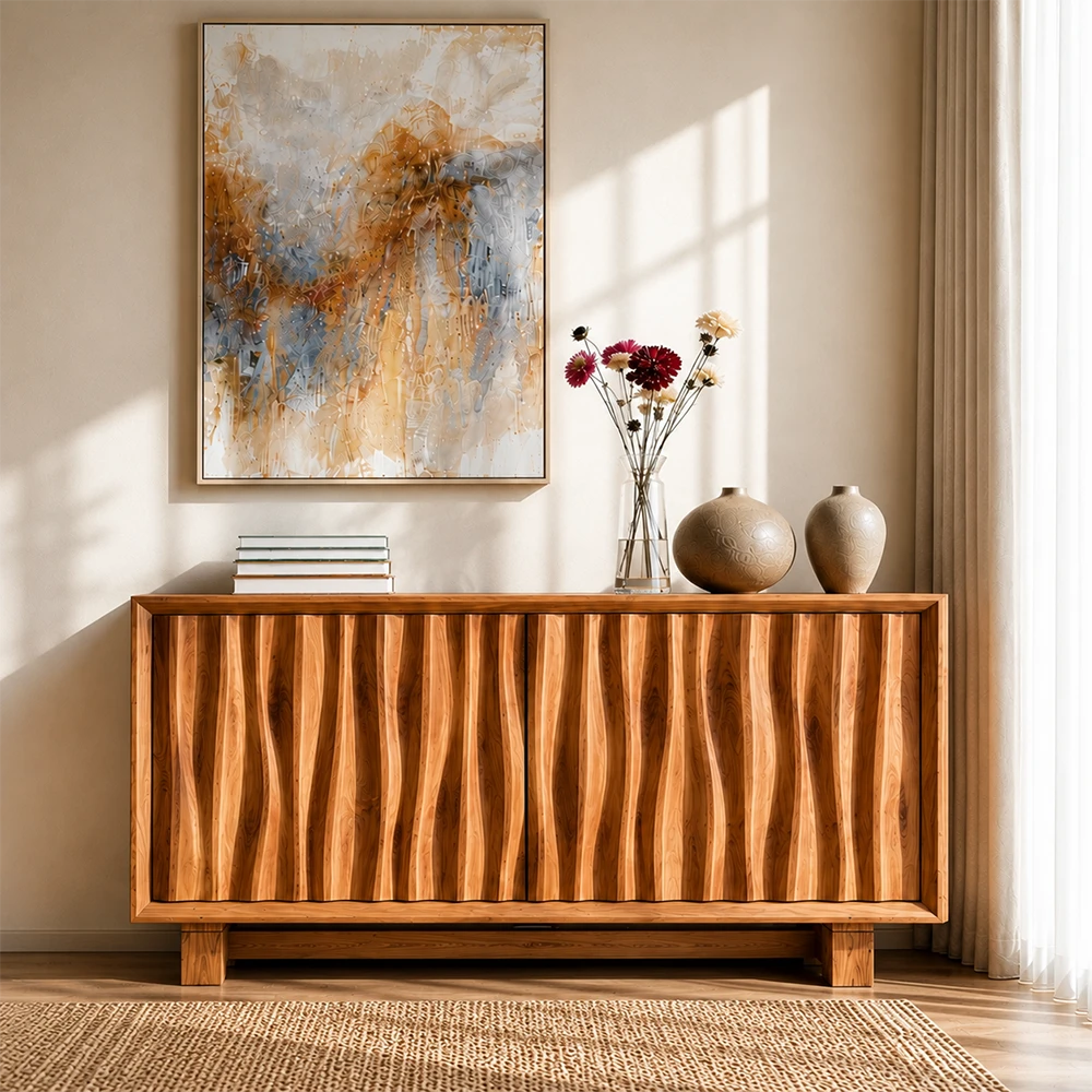 Wooden sideboard with decorative items in a room with abstract art and sunlight.