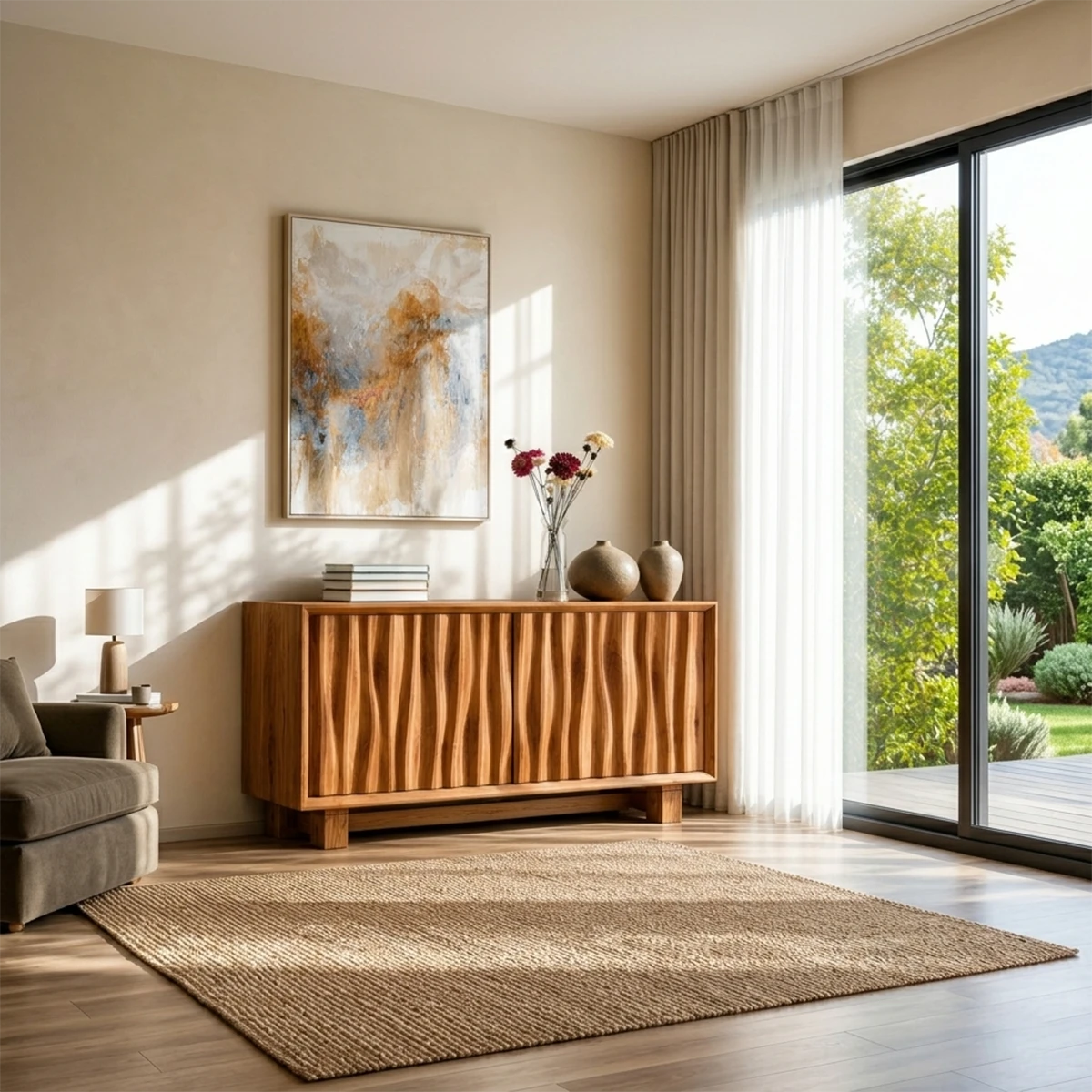 Modern sideboard cabinet with sculpted door texture for elegant contemporary interiors