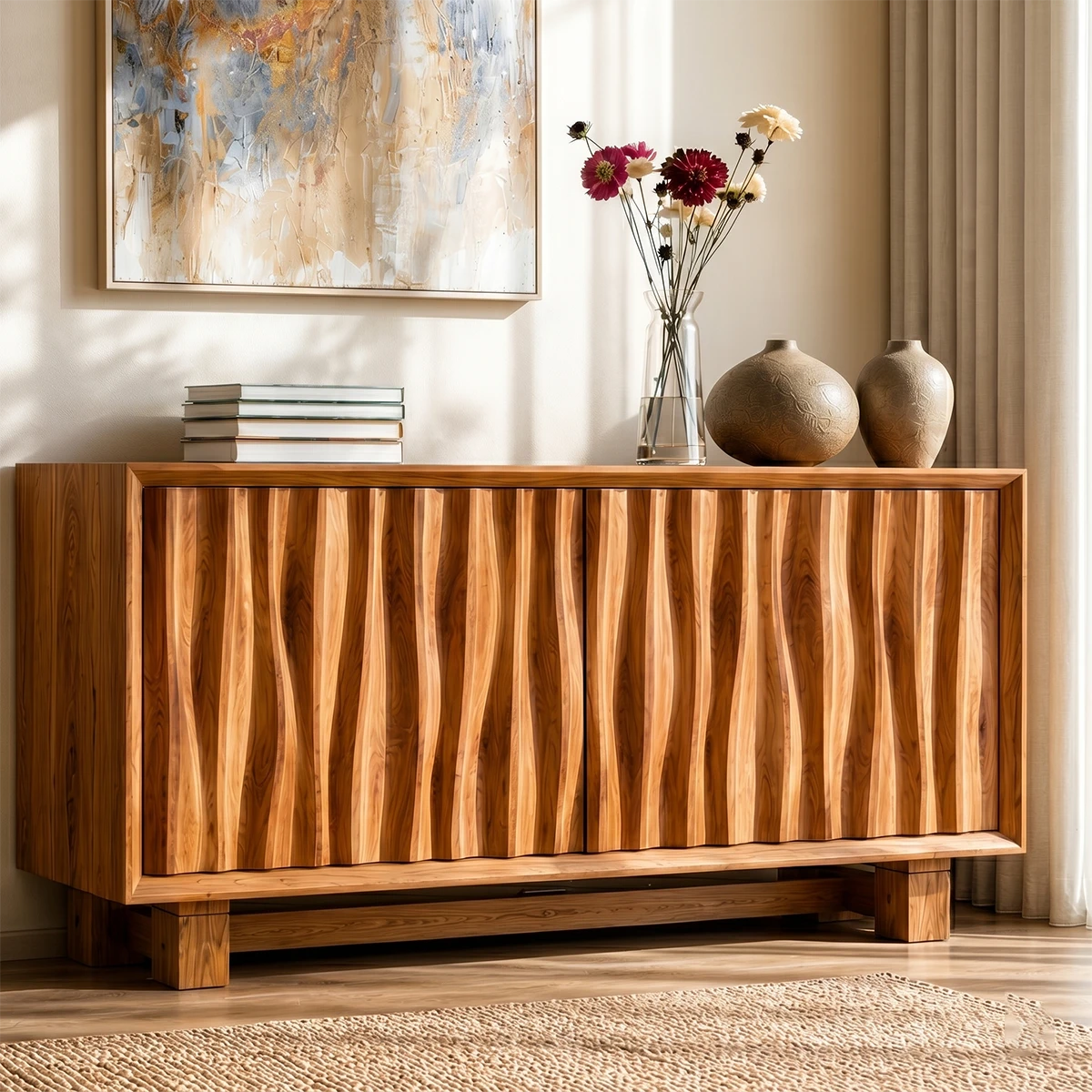 Elegant storage sideboard showcasing textured panel doors and clean architectural form