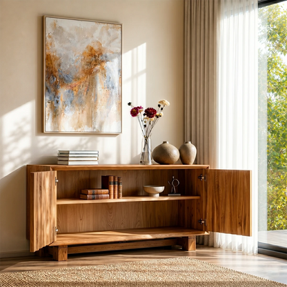 Minimalist credenza cabinet designed with sculptural front detailing and sleek storage