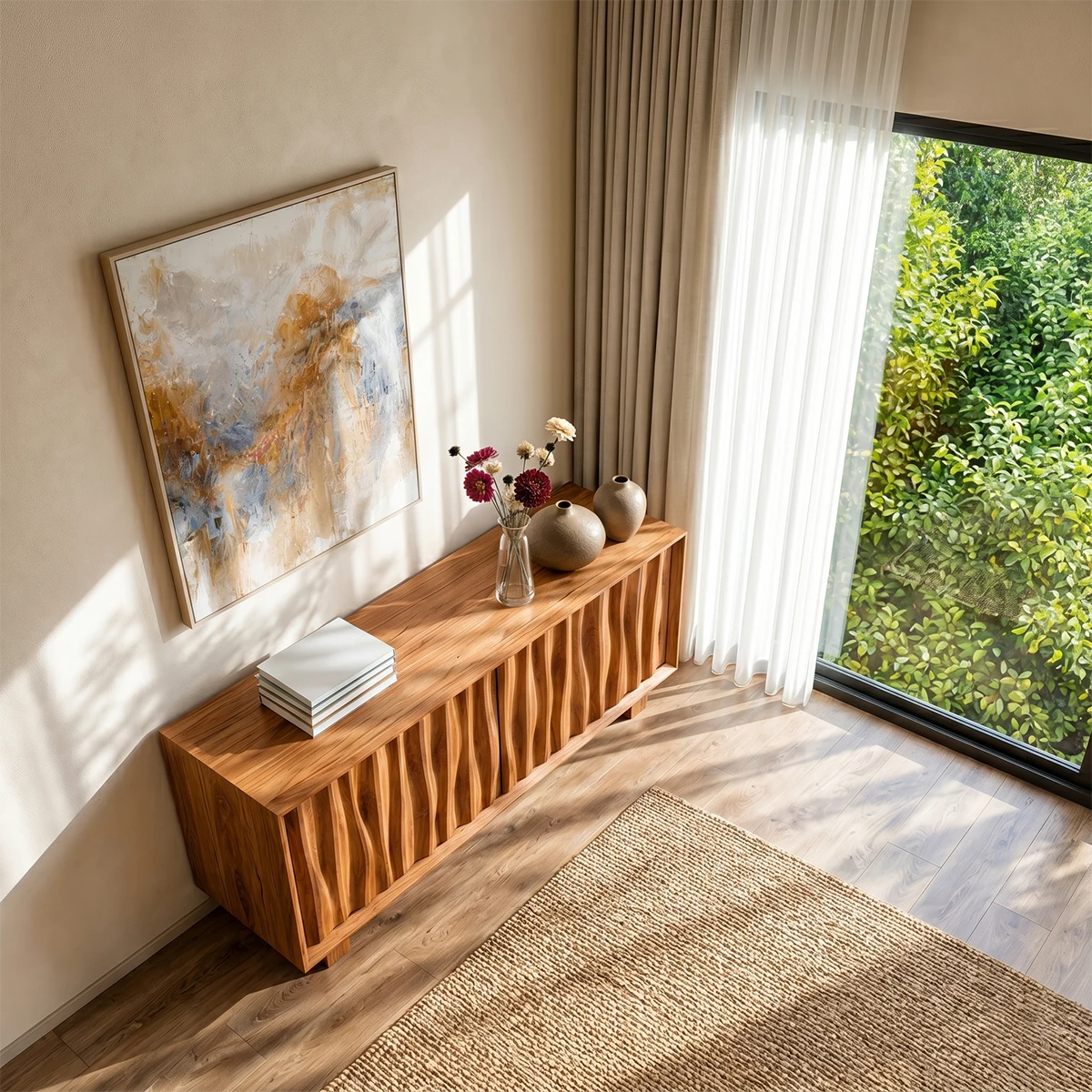 Japandi sideboard cabinet featuring refined vertical patterns and balanced proportions