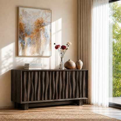 Architectural buffet console with textured cabinet doors and modern storage layout