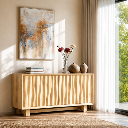 Contemporary dining room sideboard showcasing handcrafted texture and minimalist appeal