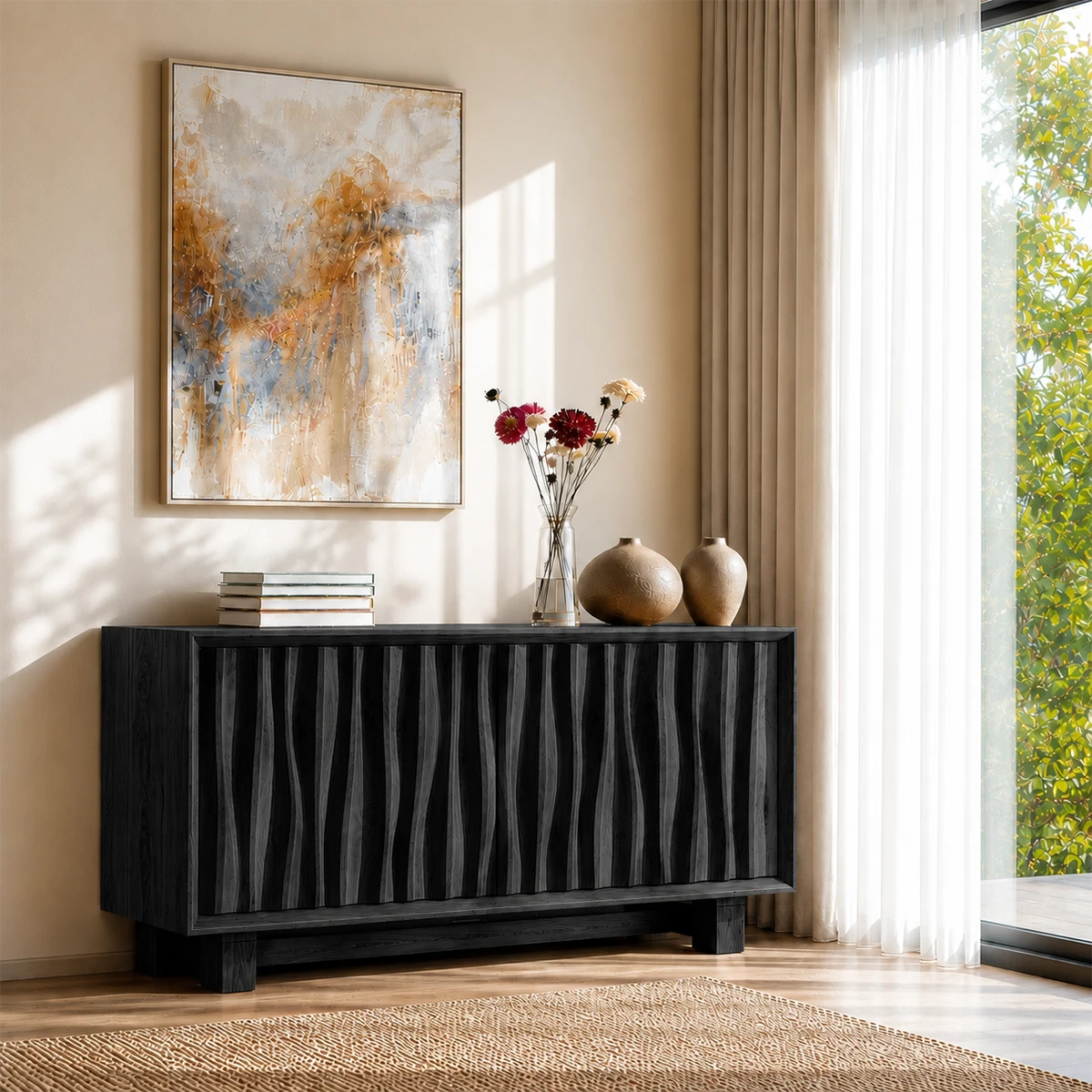 Modern credenza storage cabinet with geometric carved detailing and clean silhouette