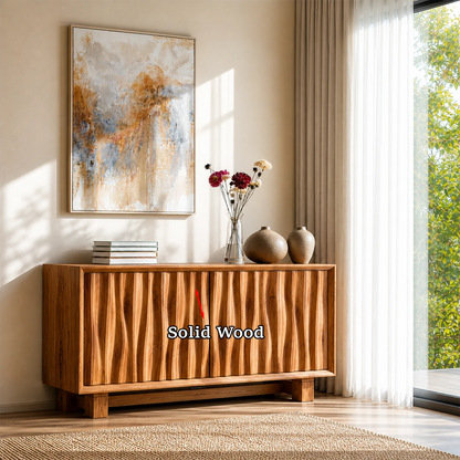 Sleek sideboard console featuring decorative textured panels and organized storage space