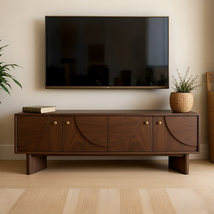 TV stand in soft walnut finish with clean lines and gentle grain pattern in a neutral space