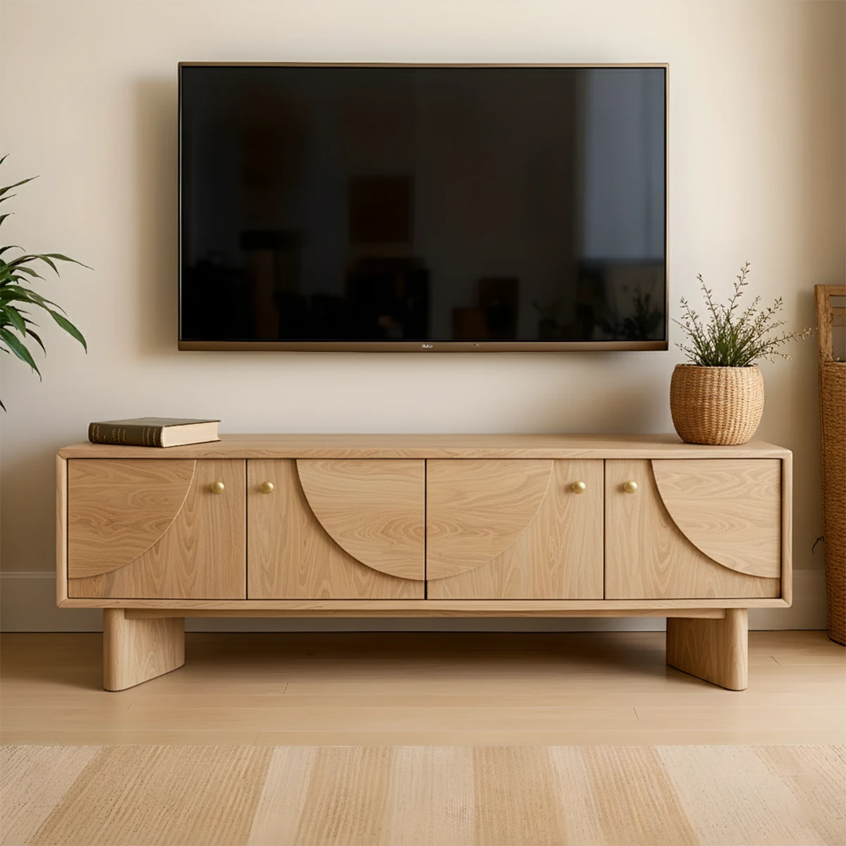 Soft oak TV stand with minimal form and smooth finish in a contemporary living room