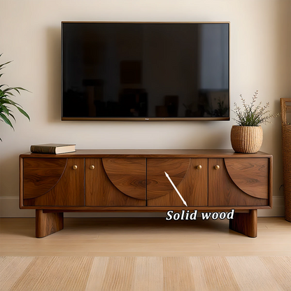 Soft brown TV stand with low profile design and clean modern look in a bright space
