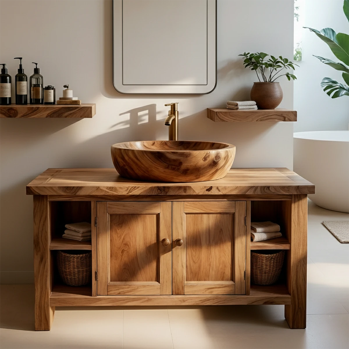 Vanity cabinet with open shelf storage – solid wood vanity