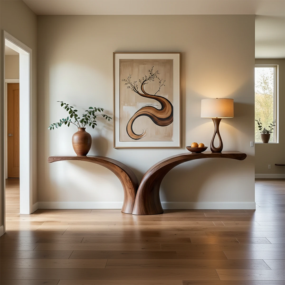 A contemporary console table with flowing wood form adds elegance to this minimalist interior space
