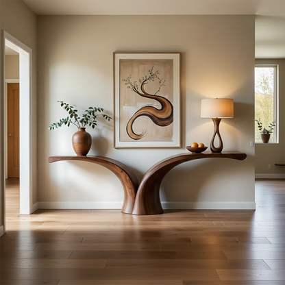 A contemporary console table with flowing wood form adds elegance to this minimalist interior space