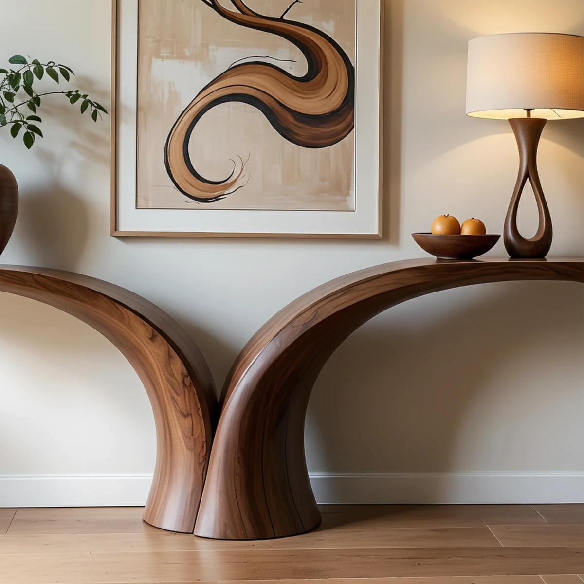 Solid wood console table with organic curves placed in a refined modern hallway setting