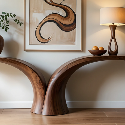 Solid wood console table with organic curves placed in a refined modern hallway setting
