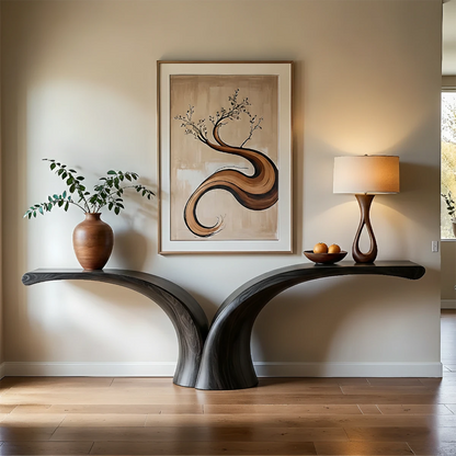 Minimalist interior showcasing a curved wood console table with refined natural texture
