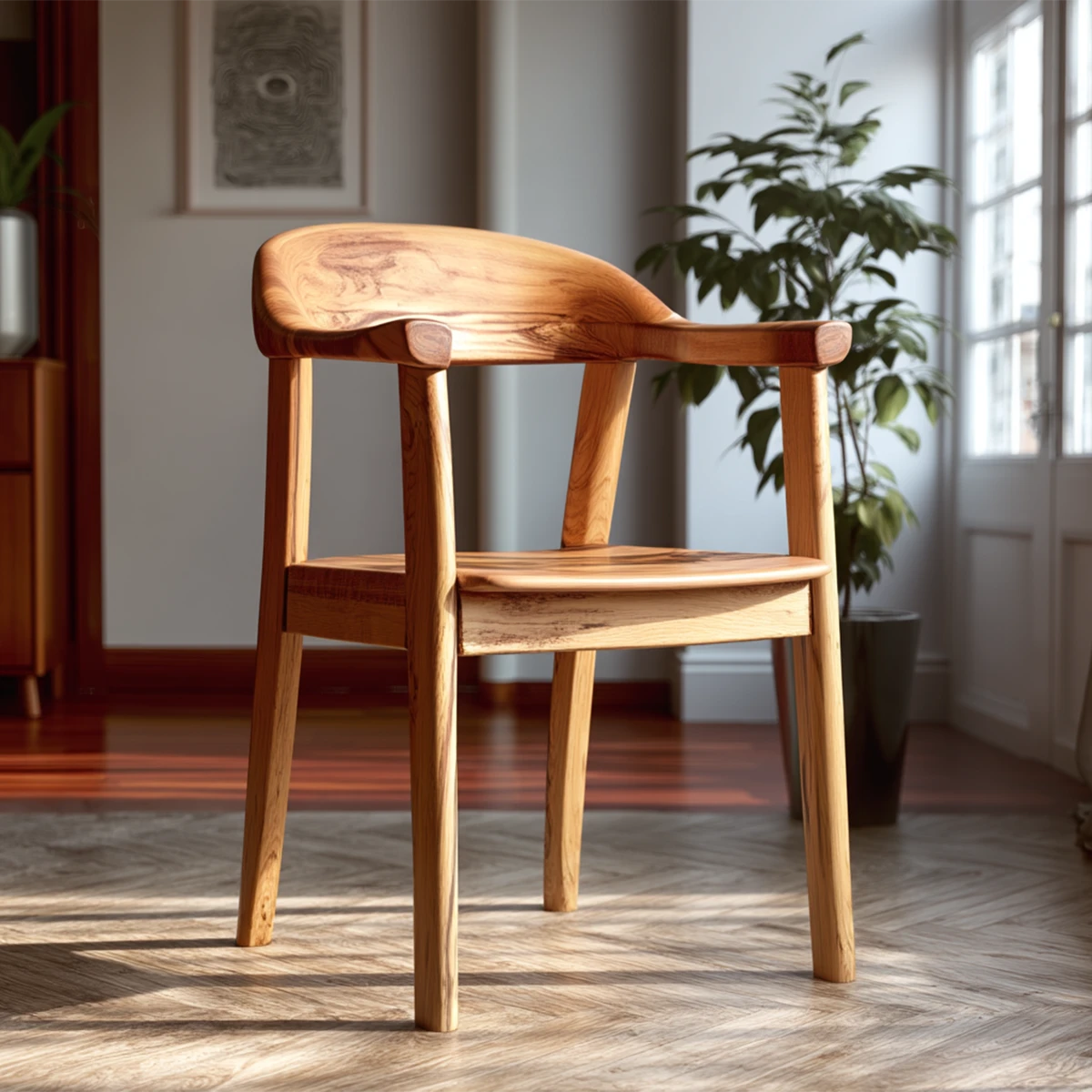 A minimalist wooden armchair with smooth curves brings warmth to contemporary living spaces