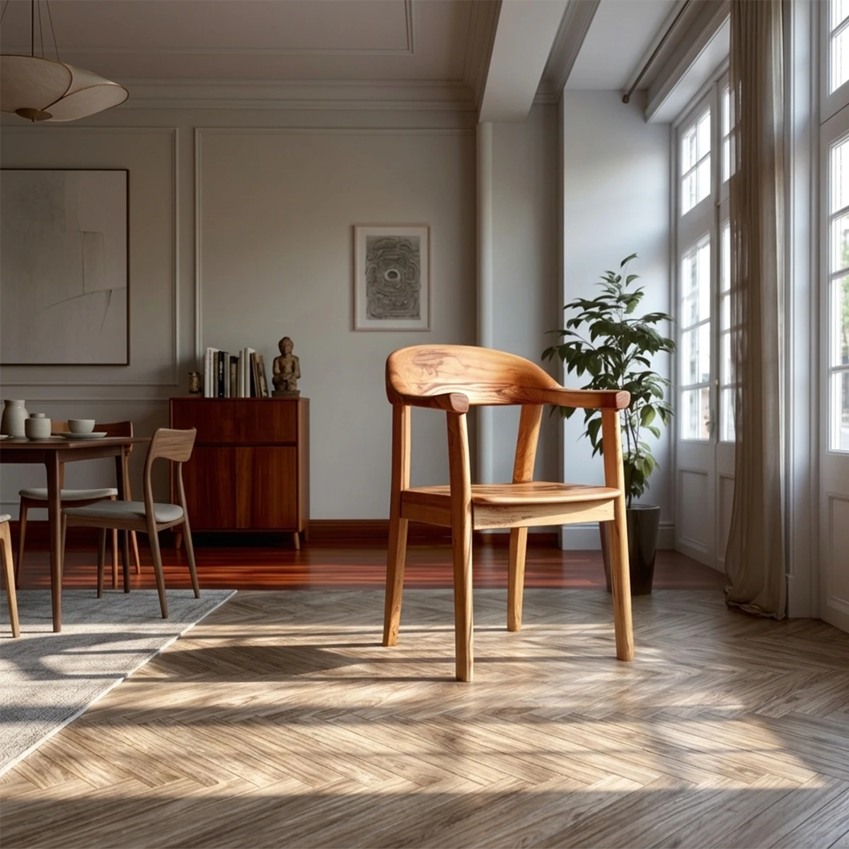 Modern solid wood dining chair with curved backrest and arm support in a bright interior setting