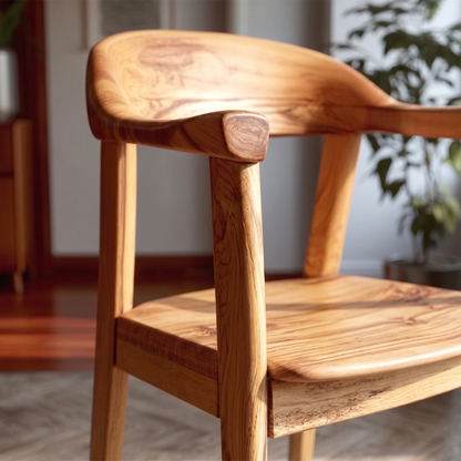 This modern dining chair features a sculpted wooden frame with ergonomic back and arms