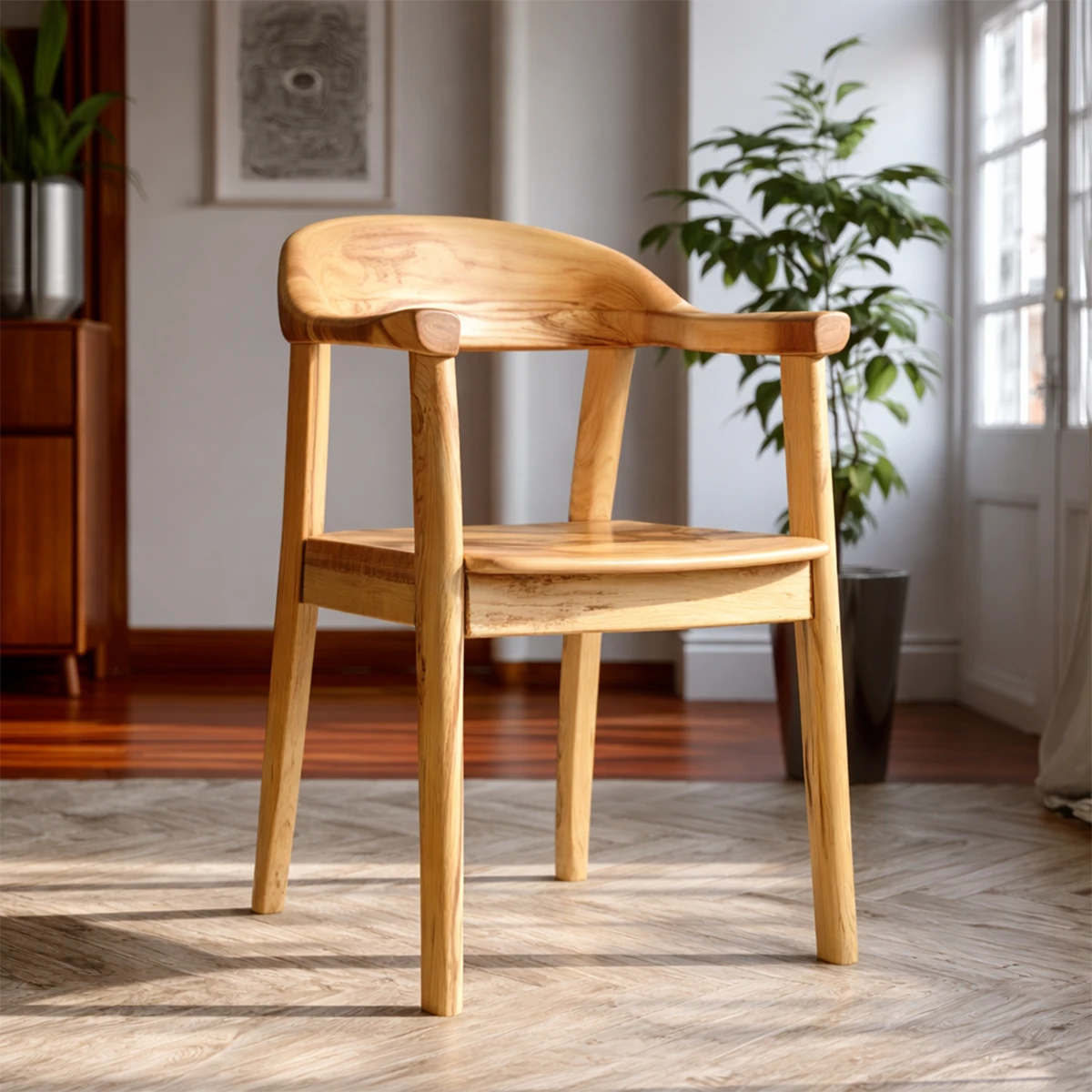 In this sunlit space, a modern wooden dining chair showcases elegant curves and craftsmanship