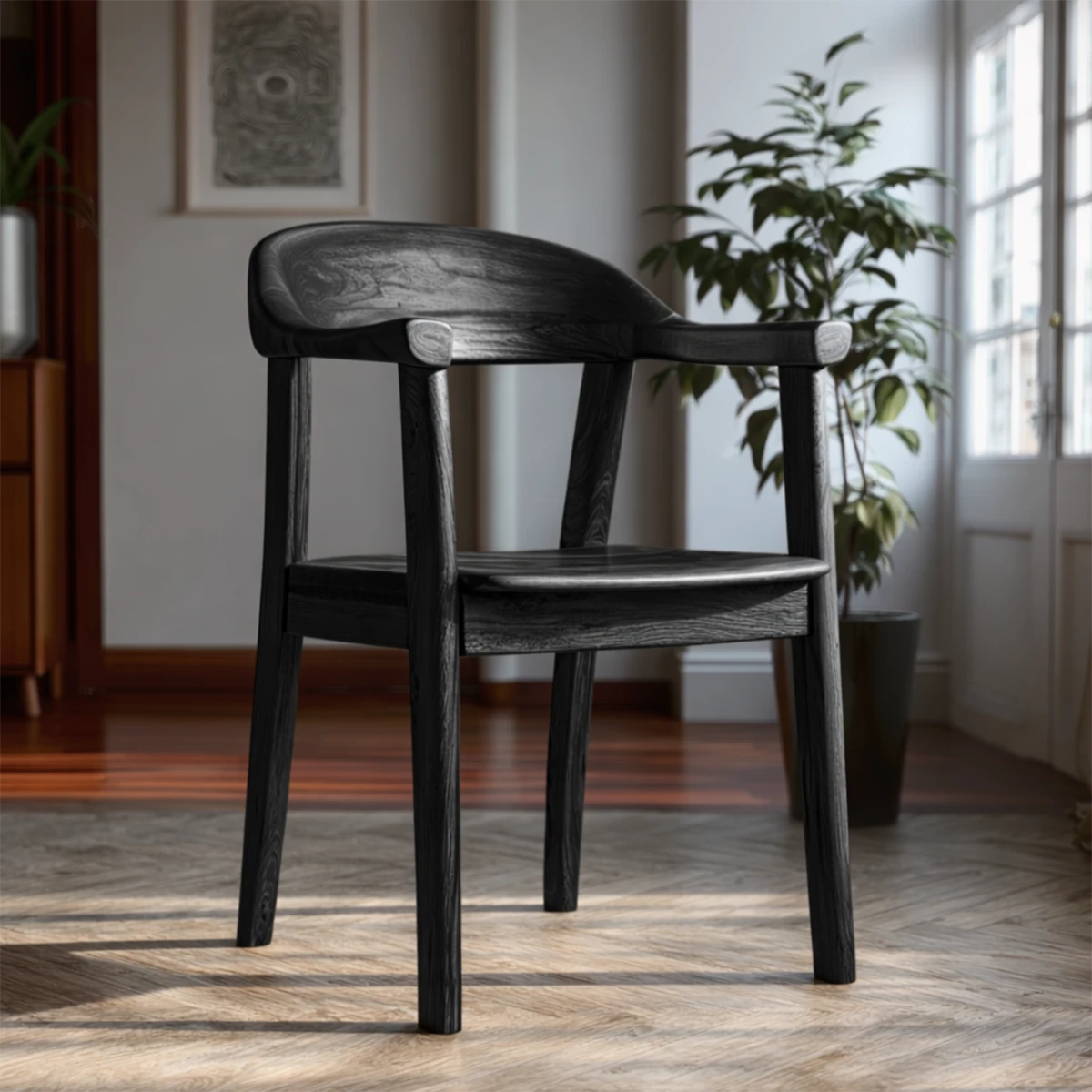 Designed for comfort, this curved wooden chair blends natural texture with modern aesthetics