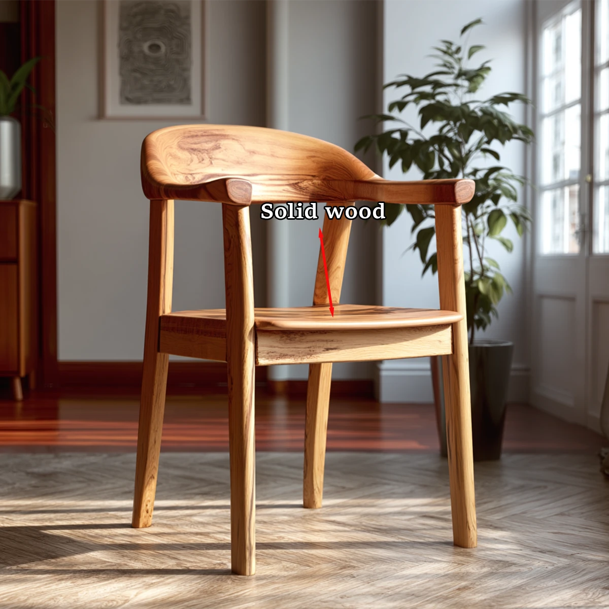 Contemporary dining chair with armrests and sculpted wood frame adds warmth to interiors