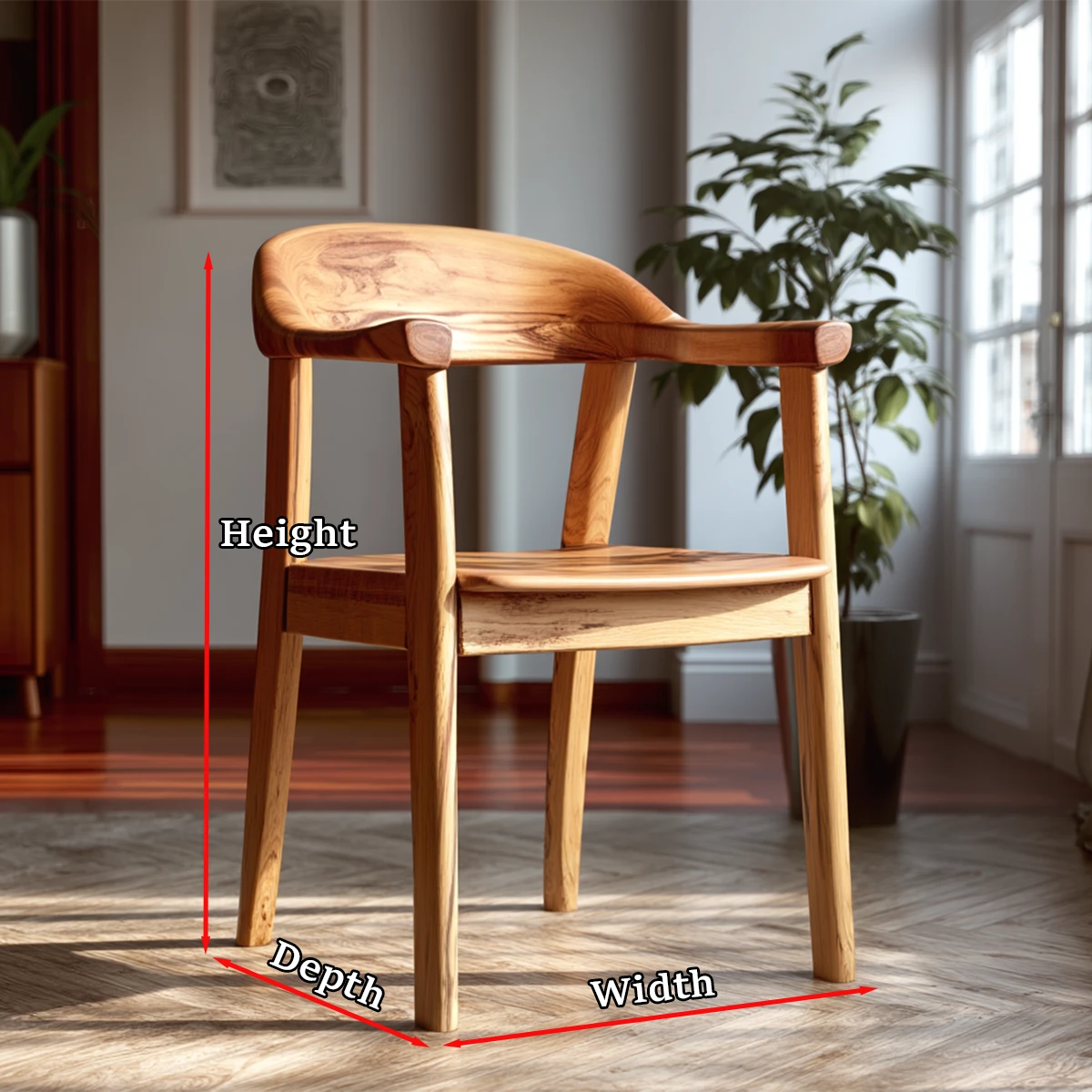 A modern wooden armchair with curved silhouette creates a refined and inviting atmosphere