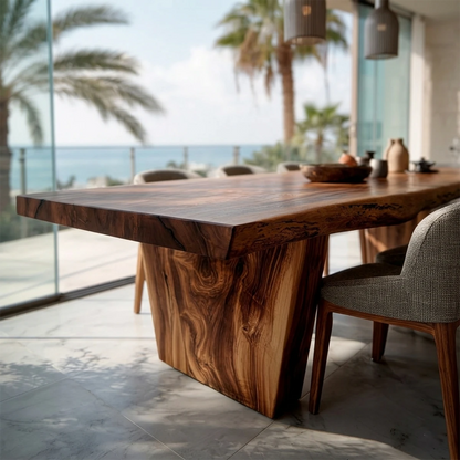 Contemporary wooden dining table with sculptural base, perfect for upscale dining room with ocean view
