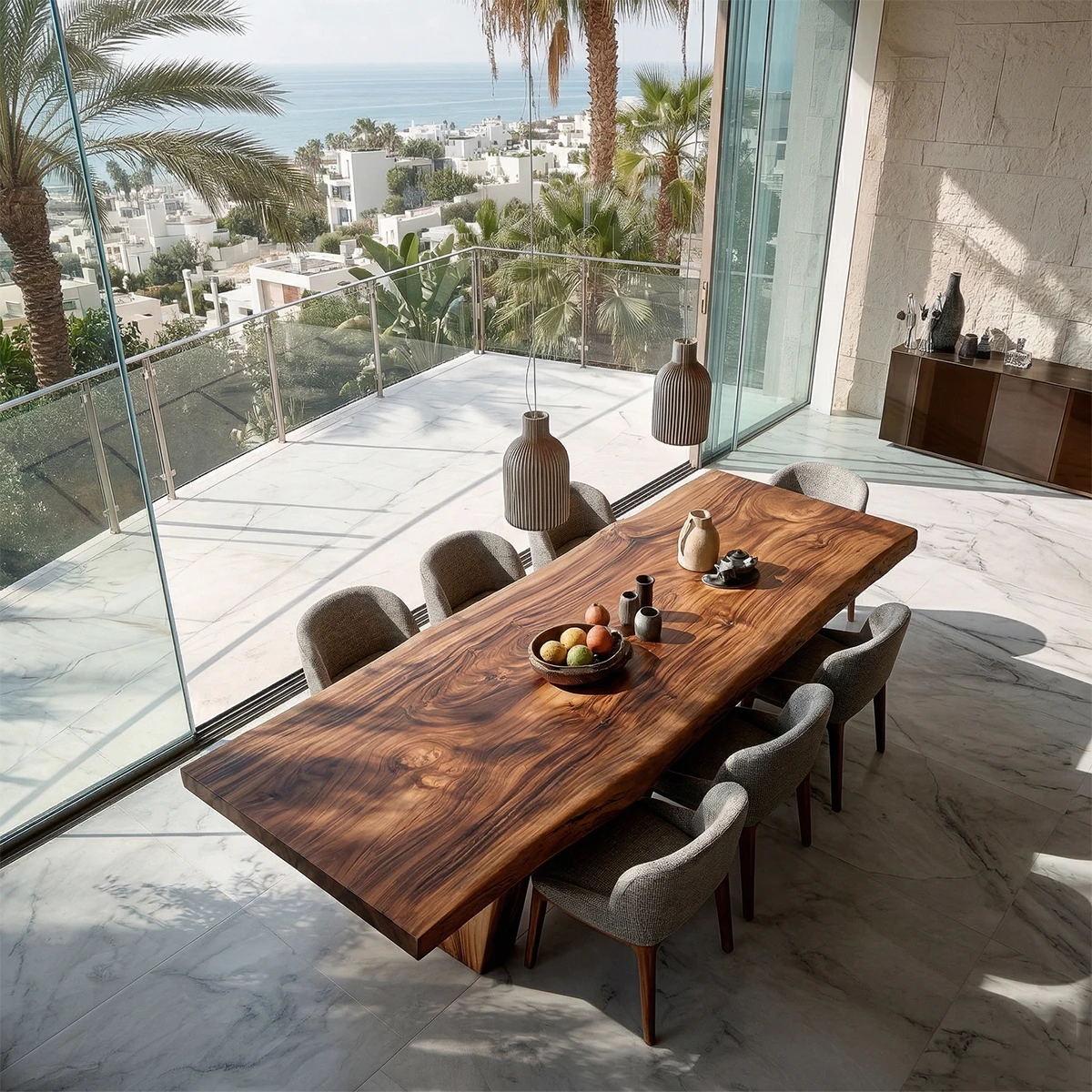 High-end dining table with thick wood slab top, designed for luxury coastal dining room settings