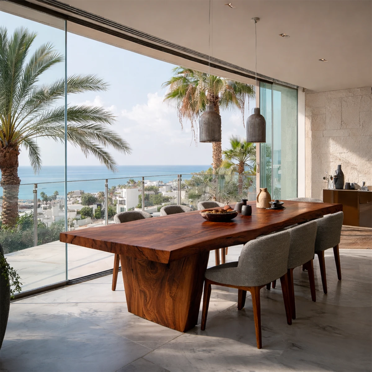 Minimalist dining table in solid wood, warm tones and organic texture for modern open space living