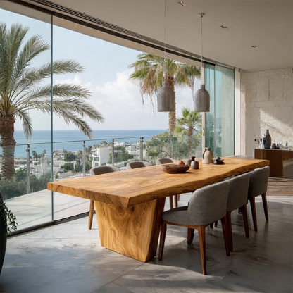 Luxury dining room table with natural wood grain, perfect centerpiece for modern interior design