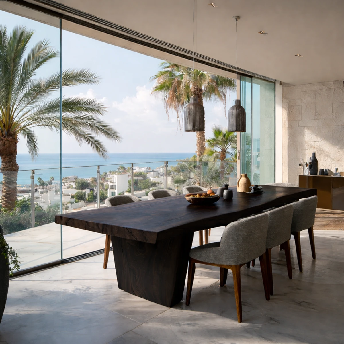 Premium wooden dining table with bold base design, ideal for contemporary luxury home dining area