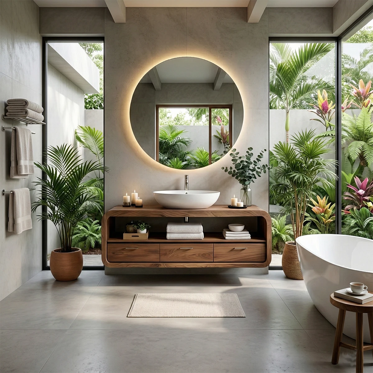 Modern floating bathroom vanity with wood grain texture