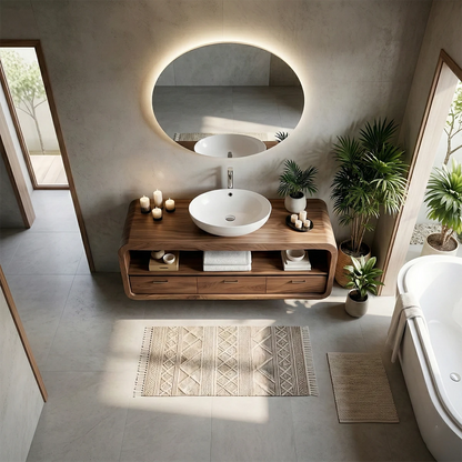Elegant floating bathroom vanity with natural wood finish