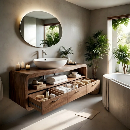 Wall mounted solid wood floating bathroom vanity with shelf