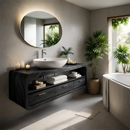 Floating bathroom vanity with natural wood grain design