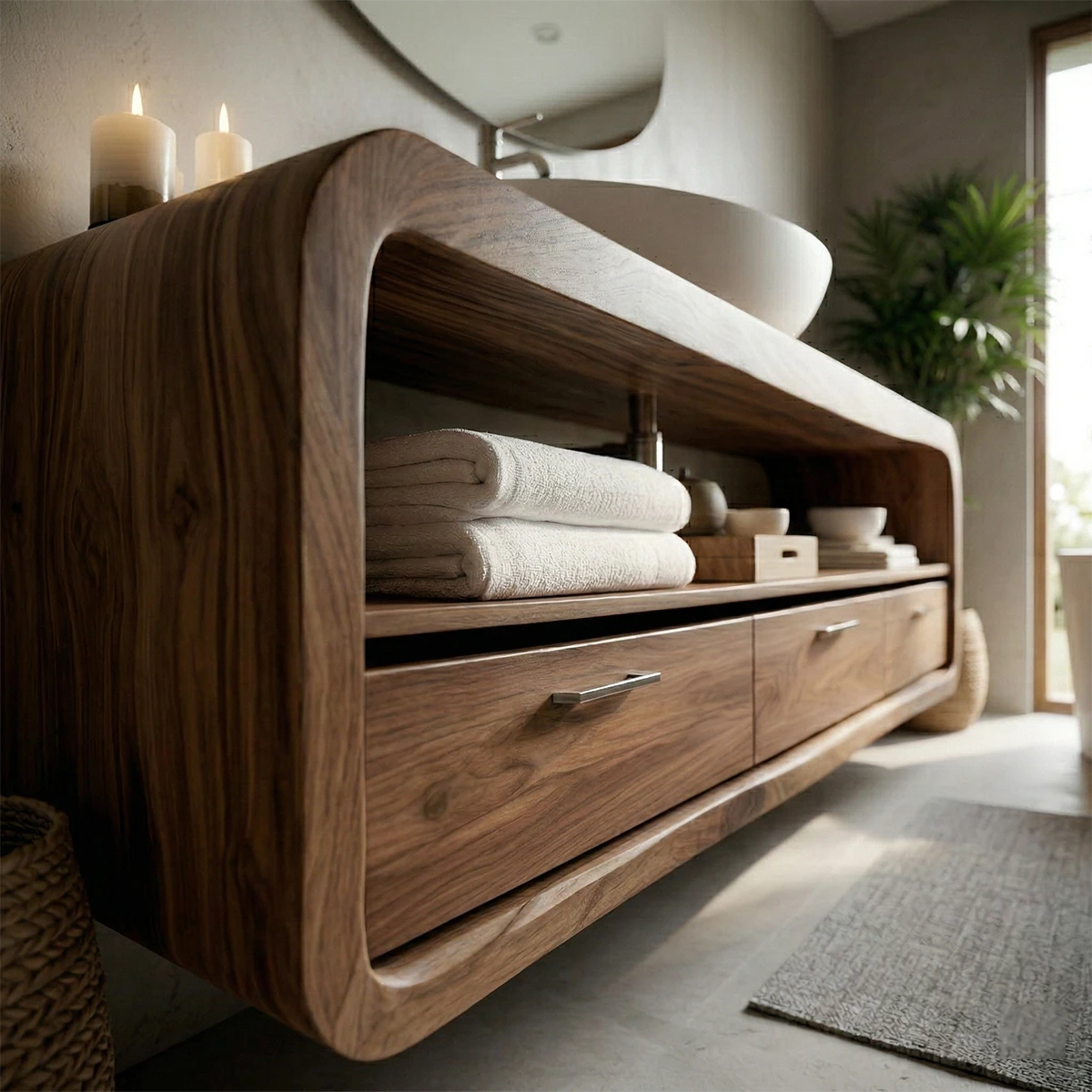 Contemporary floating bathroom vanity with open storage