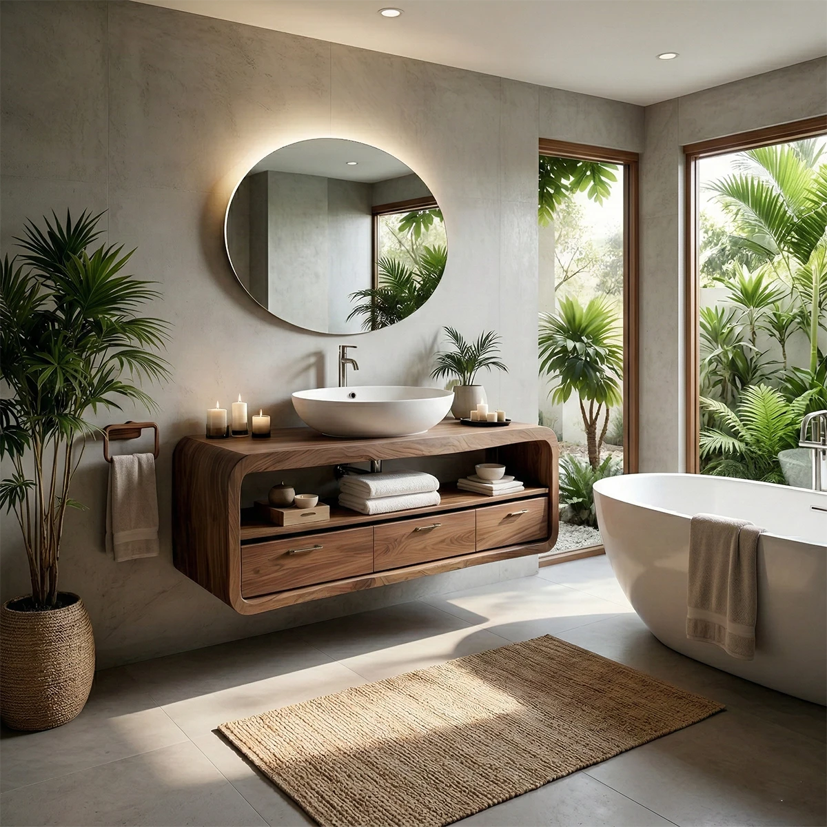 Solid wood floating bathroom vanity with vessel sink