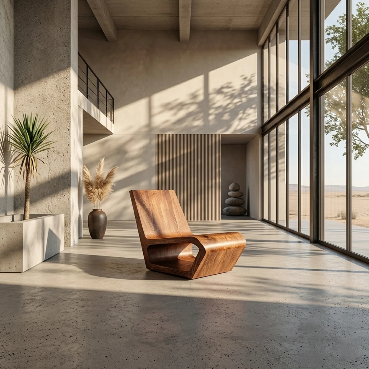 A contemporary wooden lounge chair with flowing curves adds artistic style to modern spaces