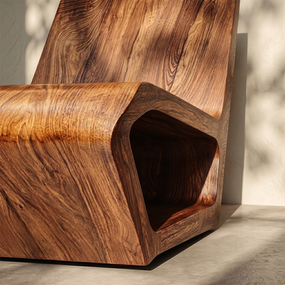 This sculptural lounge chair features a low seat and seamless wooden form for relaxed comfort