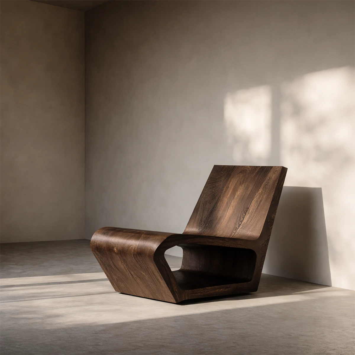 Low profile solid wood lounge chair with smooth contours enhances modern living environments