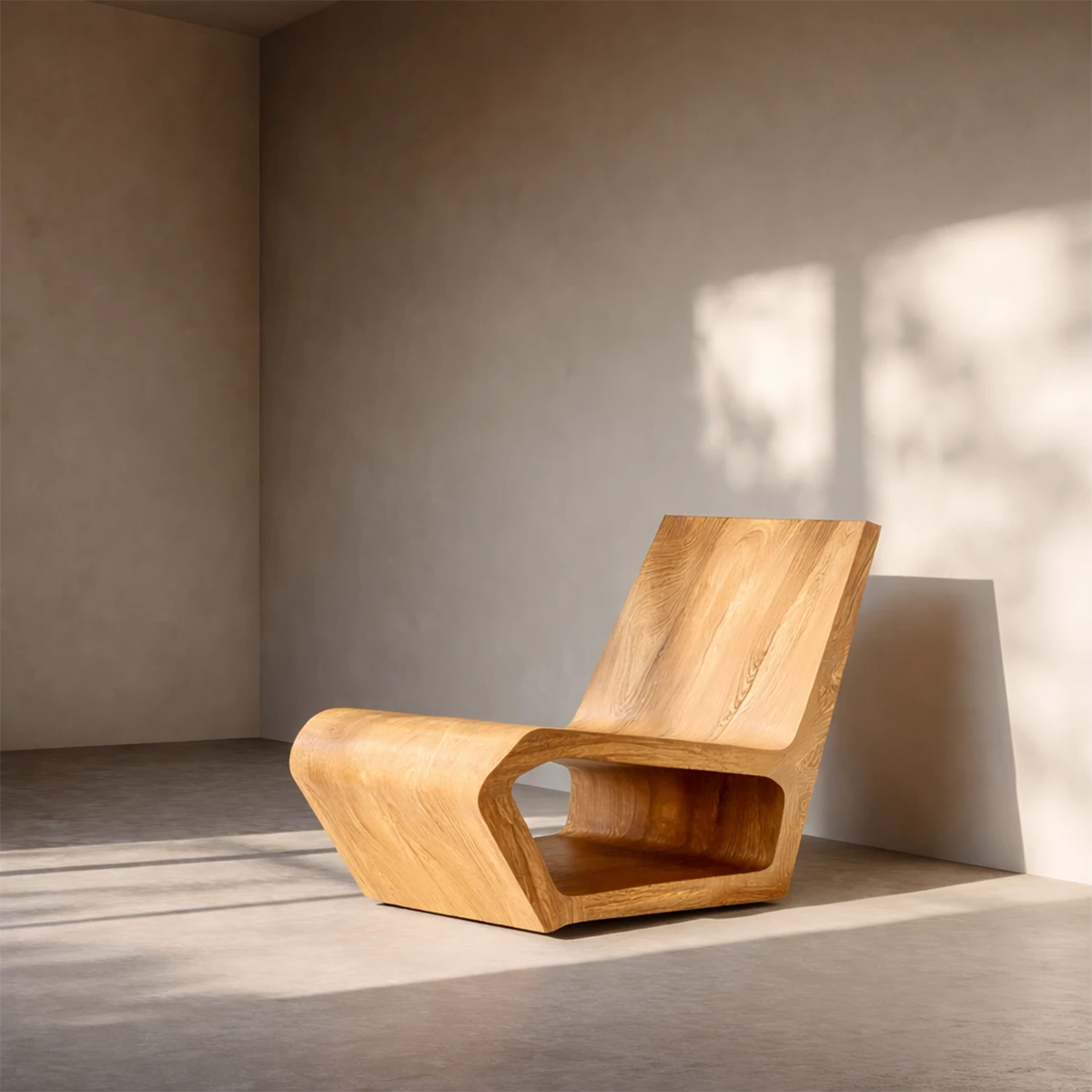 In a sunlit room, a sculpted wooden lounge chair showcases fluid lines and natural texture