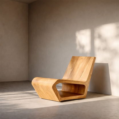 In a sunlit room, a sculpted wooden lounge chair showcases fluid lines and natural texture
