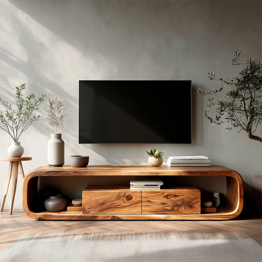 Modern solid wood TV stand with curved edges and storage creates a clean minimalist living room look